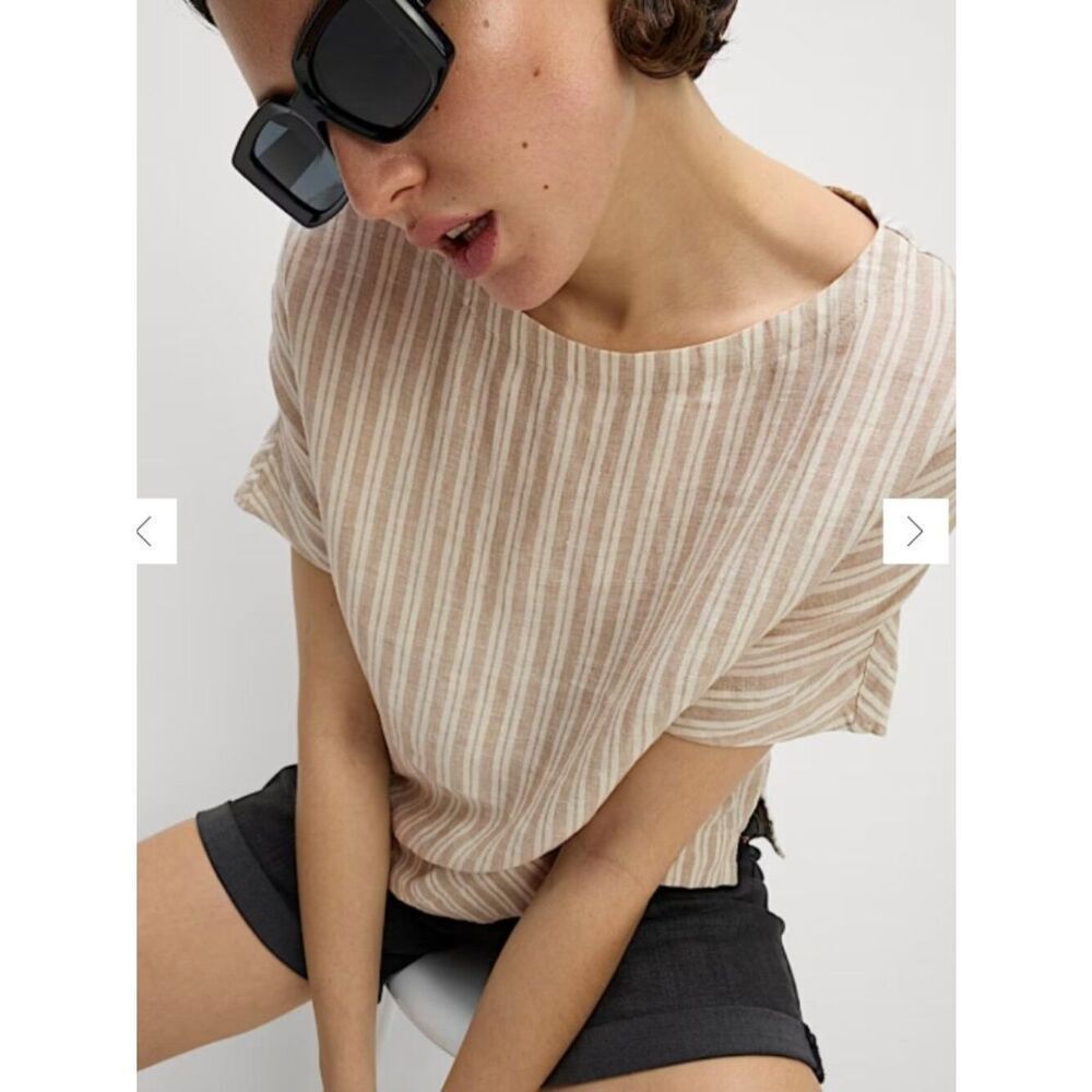 Like New! M&S Pure Linen Striped Relaxed T-Shirt Natural Beige in Size 14